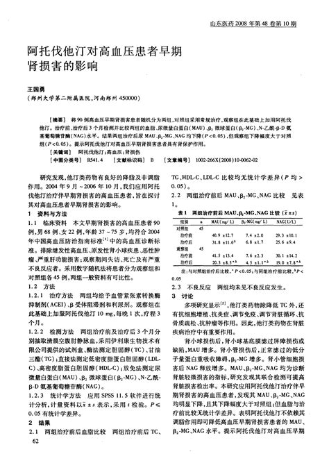 阿托伐他汀对高血压患者早期肾损害的影响 Word文档在线阅读与下载 免费文档