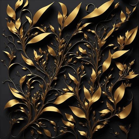 Un papel pintado negro y dorado con un diseño de hojas Vector Premium