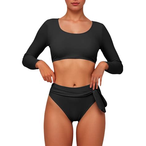 Caivo Womens Swimsuits Crop Top High Waisted Bikini Set Rash Guard Bathingsuit Long Sleeve