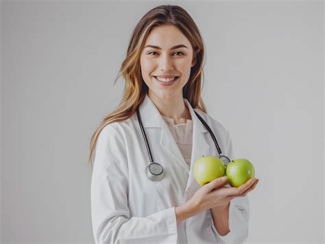 Woman In White Coat Holding Green Apples Premium Ai Generated Image