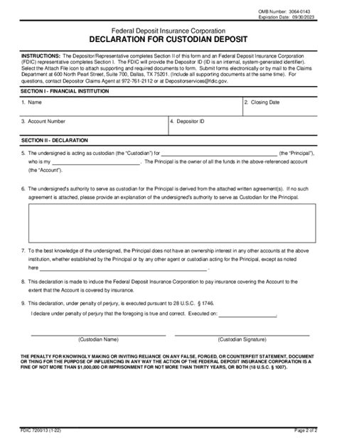 Fillable Online Form Declaration For Custodian Deposit For