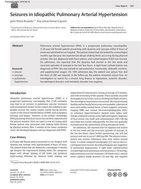 PDF Seizures In Idiopathic Pulmonary Arterial Hypertension