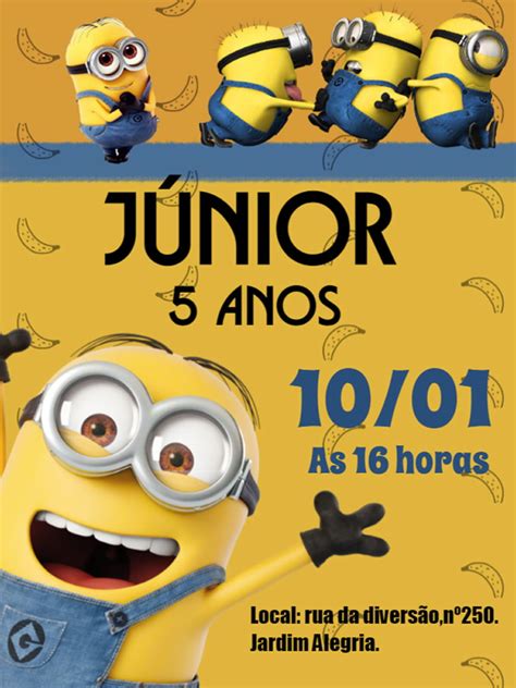 Convite Aniversário Comemoração Festa Criança Minions