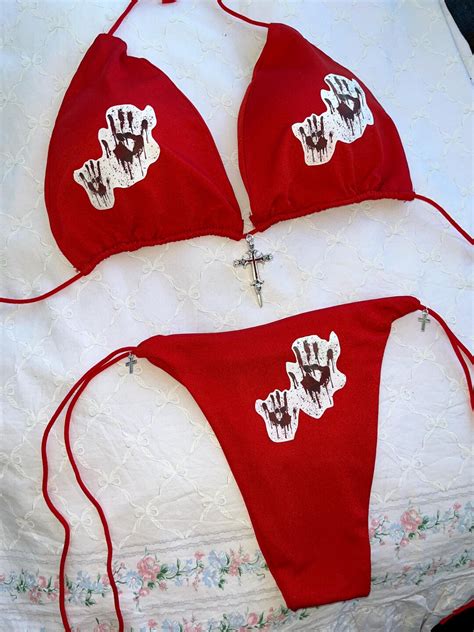 Bloody Hand Custom Bikini Set Bra Swimsuit Personalized Black Emo Goth Egirl Red And White Blood