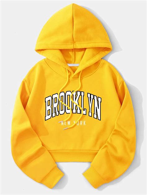 Yellow Letter Graphic Crop Hoodie