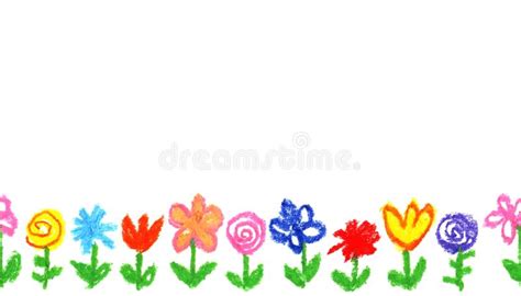 Wax Crayon Like Kid`s Drawn Colorful Flowers White. Like Child`s Drawn Pastel Chalk Blooming ...