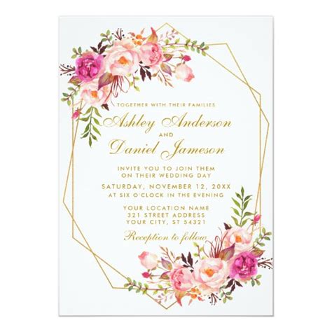 Geometric Pink Blush Floral Gold Wedding Invitation