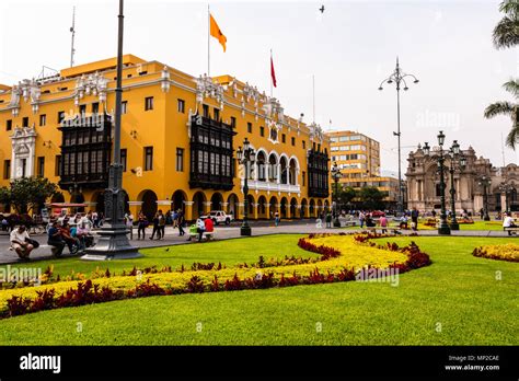 Lima Peru April 12 2018 A Bustling Plaza Mayor In The Center Of