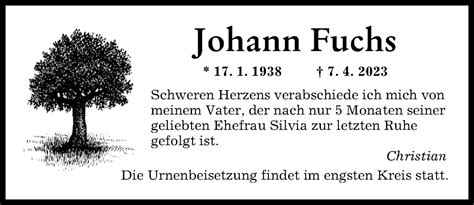 Traueranzeigen Von Johann Fuchs Augsburger Allgemeine Zeitung