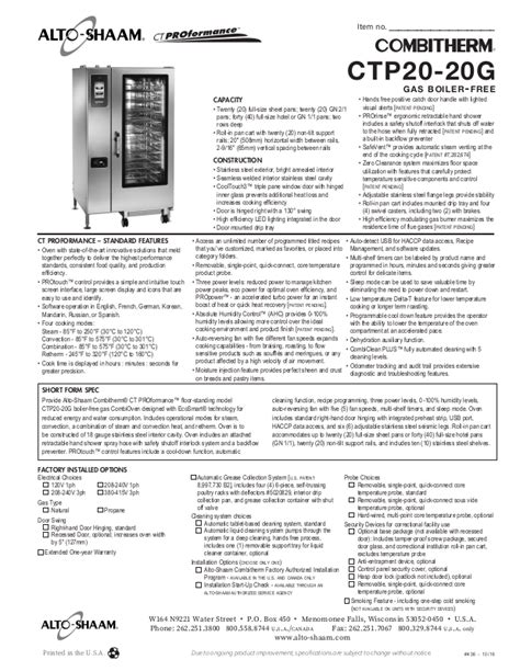 Alto Shaam CTP20 20G User Manual