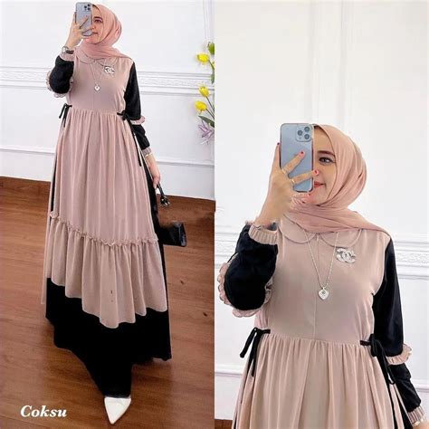 Jual COD Almera Dress Ceruty Babydoll Mix Brukat Premium Gamis Jumbo