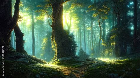 Dense dark fantasy forest, with big trees, green, sunset light. The ...