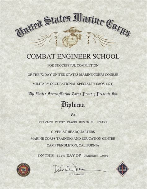 USMC Combat Engineer School, Certificate