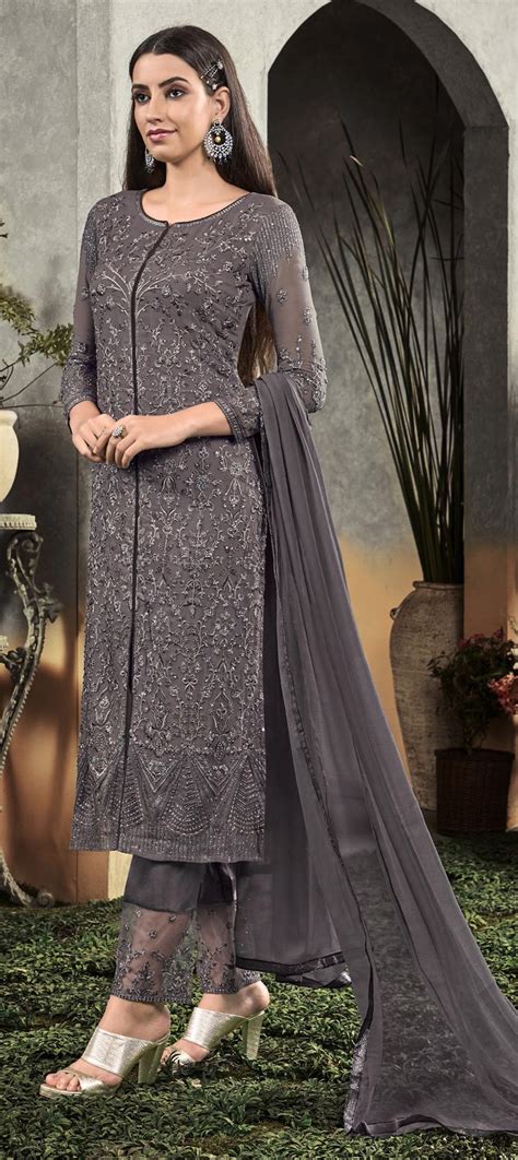 Party Wear Black And Grey Color Georgette Fabric Salwar Kameez 1603317