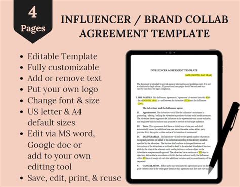 Editable Influencer Brand Collaboration Contract Template Etsy