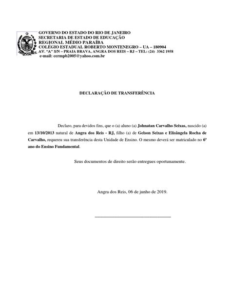 Transferencia De Escolas Estaduais - Declaração de Transferência Escolar | PDF