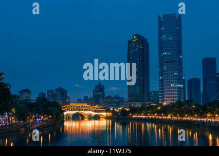 Chengdu China City Skyline On The Jin River With Anshun Bridge Stock