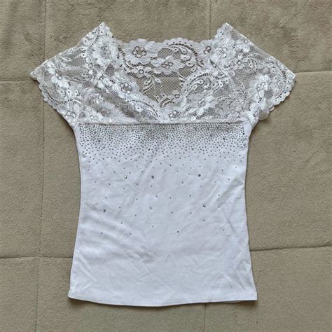 Y K Dainty White Lace Blouse With Gems Depop Simple Trendy Outfits