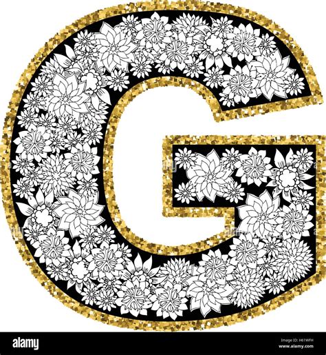 Hand Drawn Floral Alphabet Design Gold Glittering Contour Letter G