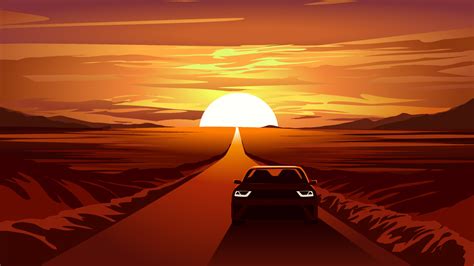 Vector Illustration Of A Car Driving On Desert Road With Sunset In The