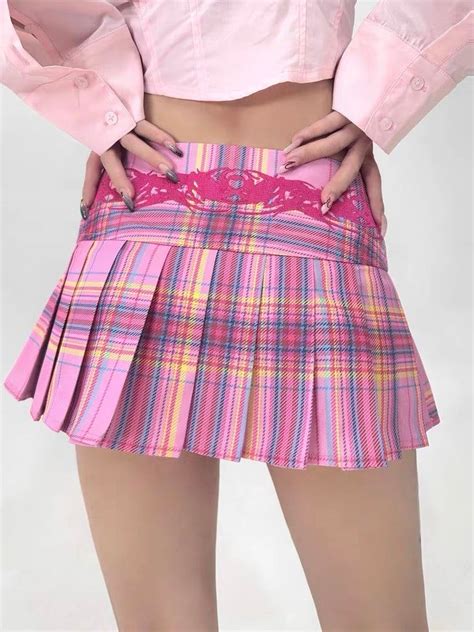 Harajuku Y2k Aesthetic Tartan Hot Pink Plaid Skirt Pink Plaid Skirt