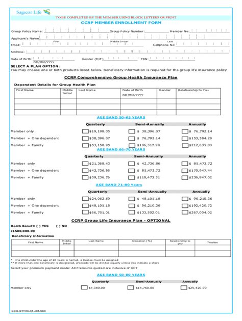 Fillable Online Sagicor 1 Member Enrollment Form Fax Email Print