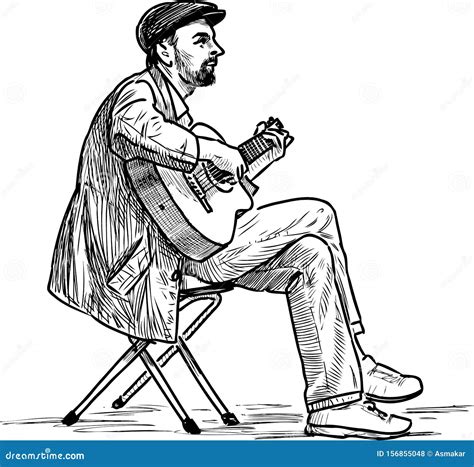 Dessin D Un Musicien De Rue Assis Jouant De La Guitare Illustration De