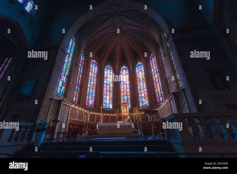 1 August 2019, Luxembourg: Interior of Notre Dame Cathedral with altar ...