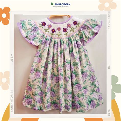 Bishop Smocked Dress With Purple Flower Motifs Sg 194 K Embroidery