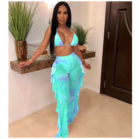 Sexy Mesh Flare Pants See Through Chiffon Ruffle Bottom Plus Women Bikini Cover Up Loose