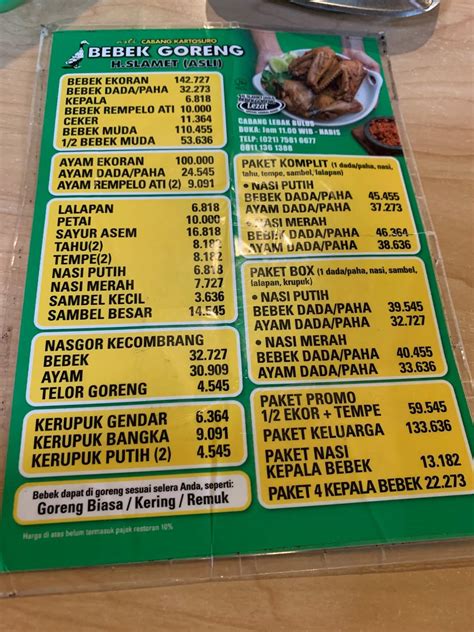 Menu At Bebek Goreng H Slamet Asli Restaurant South Jakarta Jl Lb