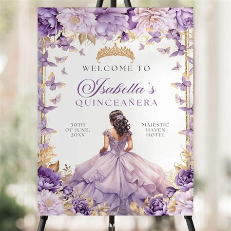 Amazon Editable Lilac Gold Floral Princess Quinceanera Welcome