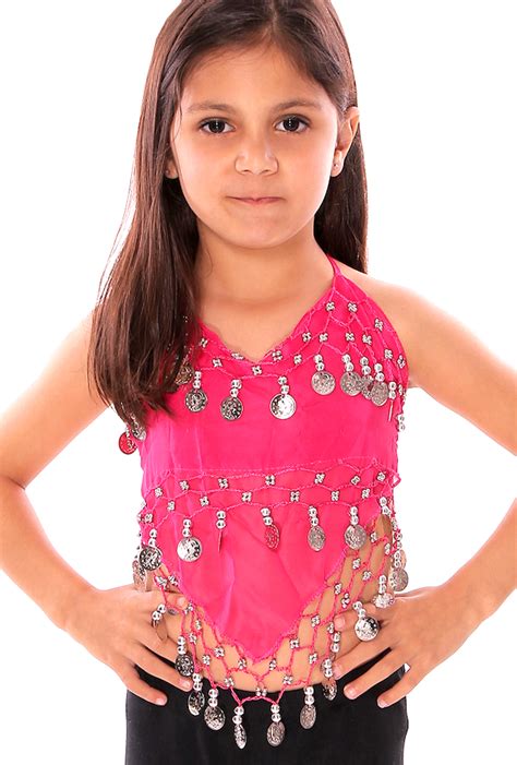 Little Girls Chiffon Belly Dance Costume Halter Top With Coins Rose