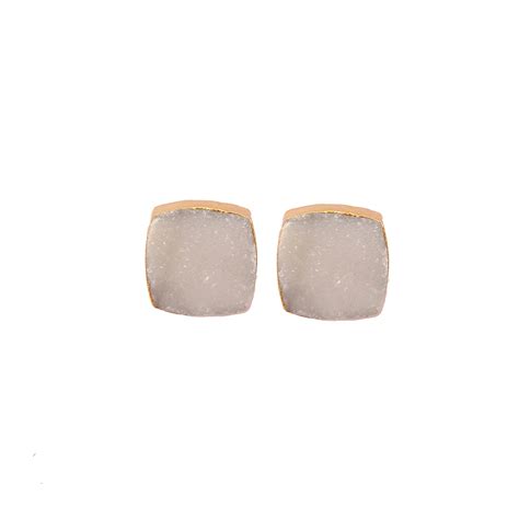 Natural Agate Sugar Druzy Gemstone Stud Earrings Gold Plated Push Back