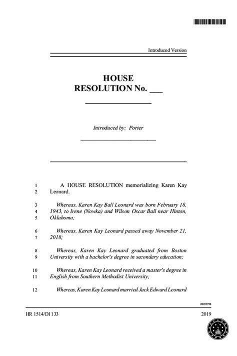 Indiana House Resolution Memorializing Karen Kay Leonard. - Grit and