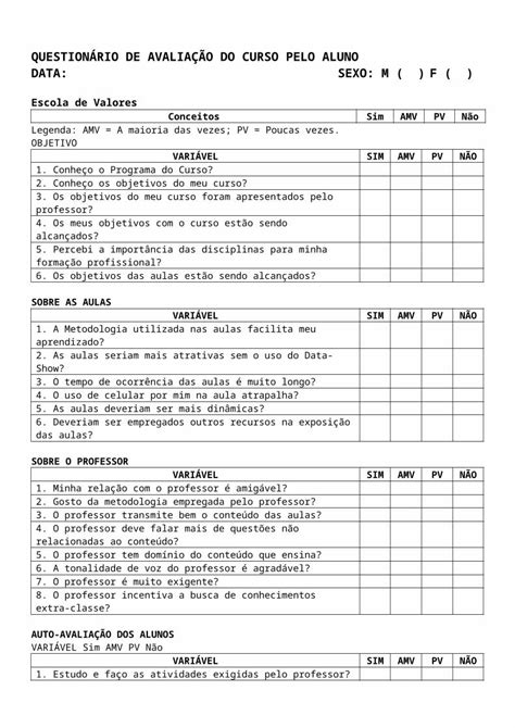 DOC QUESTIONÁRIO DE AVALIAÇÃO DE DISCIPLINA PELO ALUNO DOKUMEN TIPS