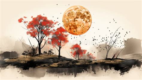 An Artistic Painting of a Full Moon and Trees Stock Illustration - Illustration of grass, plant ...