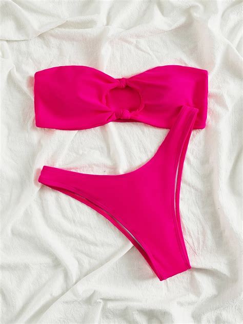 Swim Mod Conjunto de bikini liso con decoración de nudos parte superior de bandeau y bottom de