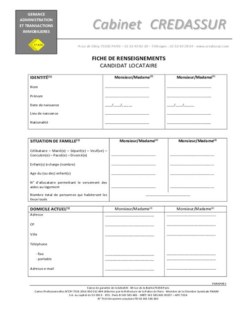 Fillable Online Fiche De Renseignement Candidat Locataire Fax Email