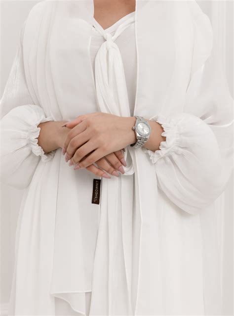 SHE21 Abaya Description White Shiny Organza Abaya With Ribbon And