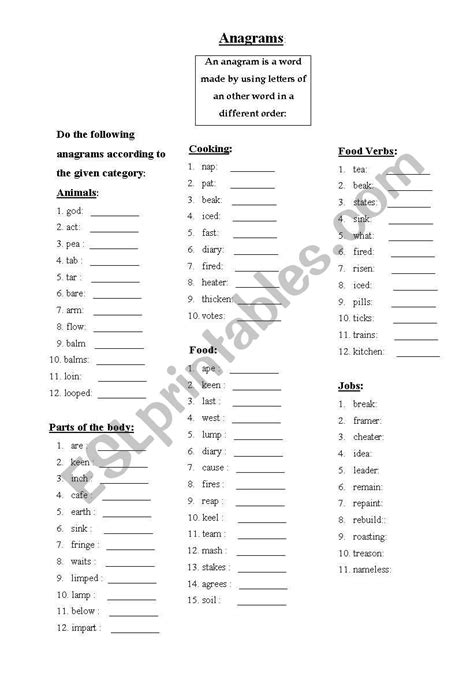 Anagrams For Esl Worksheets