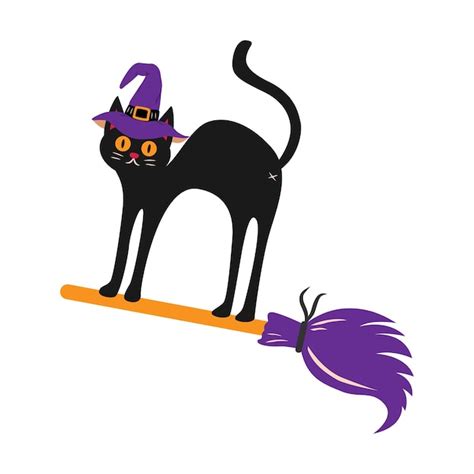 Un Gato Con Sombrero De Bruja En Una Escoba Vector Premium