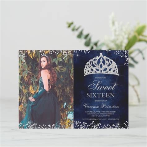 Silver Glitter Navy Blue Photo Tiara Sweet Invitation Zazzle