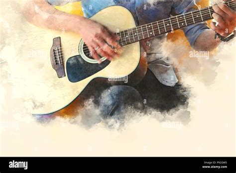 Abstract Beautiful Man Playing Guitar In The Foreground On Watercolor