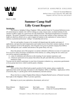 Fillable Online Gustavus Summer Camp Staff Lilly Grant Request