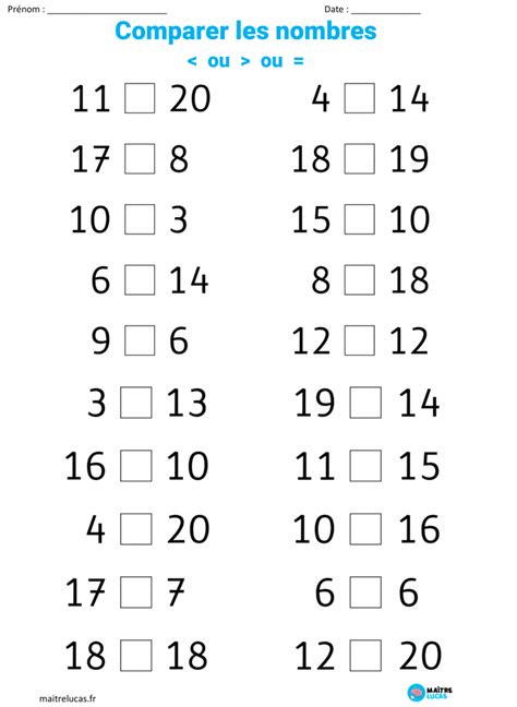 Fiches comparer les nombres des exercices pour CP CE1 Maître Lucas