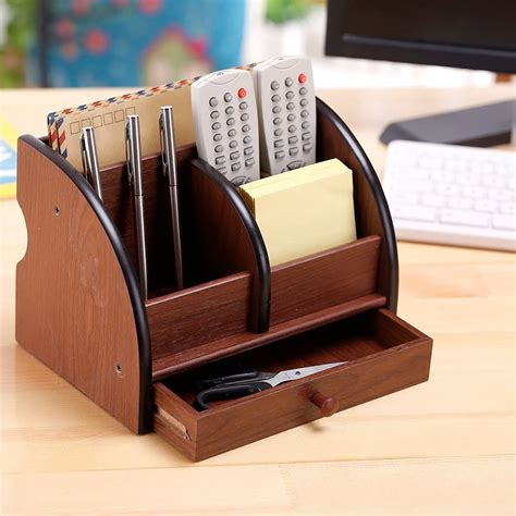 5 Compartment Luxury Brown Wood Office Desktop Organizer Letter