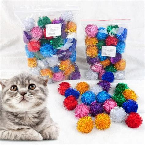 Cat Toys 50pcs Tinsel Balls For Cats 2 Inch Cat Pom Pom Balls Assorted Color Cat Sparkle