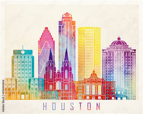 Houston landmarks watercolor poster Stock Illustration | Adobe Stock