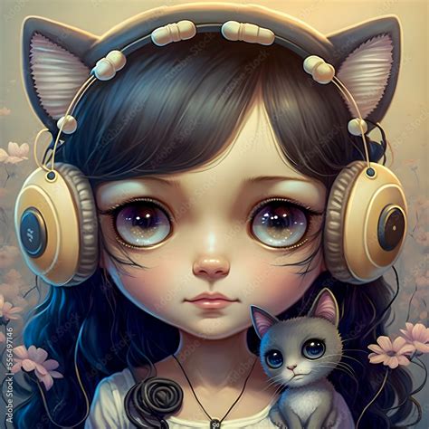 Cute Kawaii Anime Brunette Girl Wearing Headphones With Cat Ears Illustartion Generative Ai